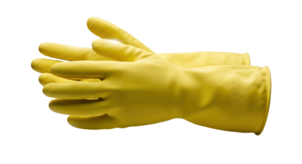 A pair of yellow rubber gloves on a white background.