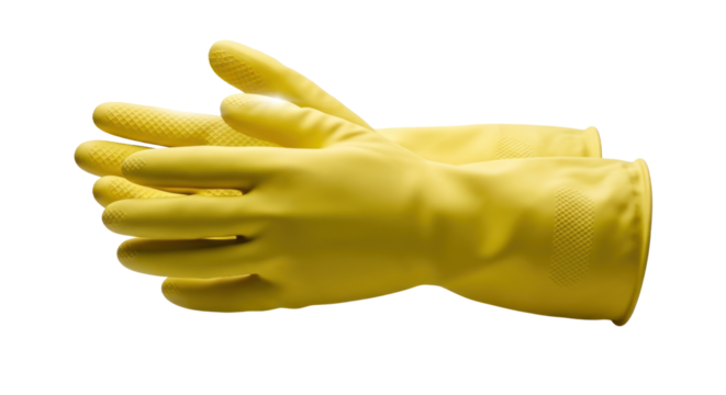 A pair of yellow rubber gloves on a white background.