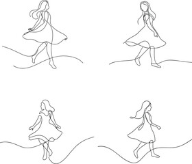 Minimalist single line drawing of a young woman in a flowing dress and creativity continuous line drawing