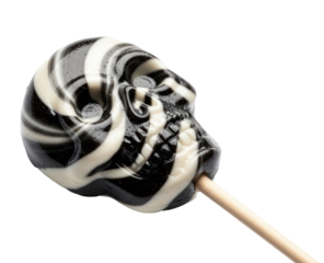 A black and white striped skull-shaped lollipop on a white background.