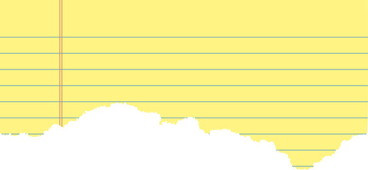 Yellow legal pad ripped paper for office. Textured notebook piece of striped sheet with torn edge. Collage element with strokes for banner design and scrapbooking. © Chorna_L