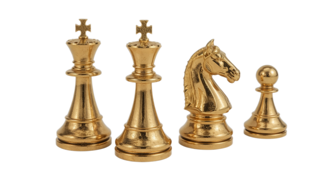Luxury gold chess pieces set on a white background, featuring king, queen, knight, and pawn