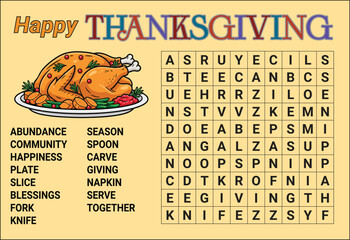 Thanksgiving Word Search Puzzle for Kids - Printable Holiday Activity Vector Illustration. Holiday festive crossword. Logic game for learning English words.