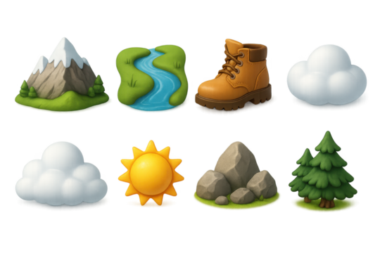 Colorful cartoon nature elements including mountain, river, clouds, sun, boot, rocks, pine tree