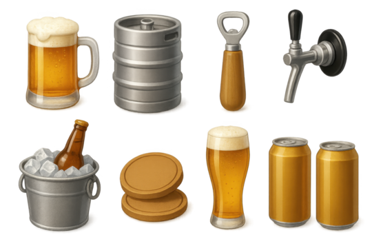 Assorted beer items: mug, keg, bottle, opener, tap, coasters, ice bucket, cans - Powered by Adobe