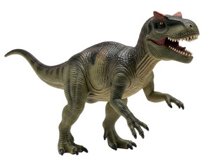 Obraz premium A green and brown dinosaur toy with a red hat and open mouth on a white background.