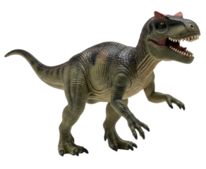 A green and brown dinosaur toy with a red hat and open mouth on a white background.