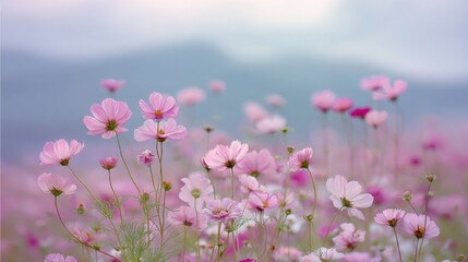 Fototapeta premium A field is filled with various pink flowers swaying gently in the breeze. The background features blurred mountains under a clear blue sky creating a peaceful spring scene.