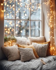 Cozy Winter Window Nook with Twinkling Fairy Lights and Soft Pillows