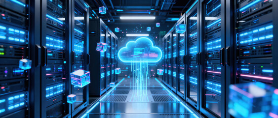 A modern data center with server racks and digital cubes representing cloud computing and data transmission.