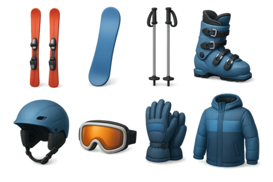 Winter sports gear: skis and snowboard with helmet, boots, and jacket