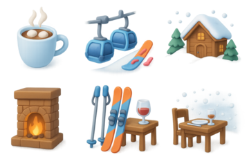 Cozy winter chalet scene with hot cocoa, ski gear, and snowy cabin