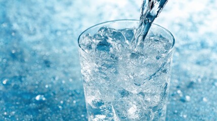 Water is being poured into a glass filled with ice cubes. The glass captures the bright light creating a refreshing and inviting scene. Bubbles and droplets add to the atmosphere.