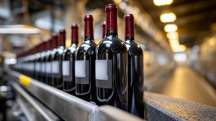 Bottles of red wine moving along the production line in a winery during the afternoon