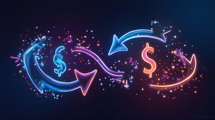 Currency exchange glowing symbols