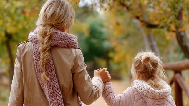 Mother and daughter holding hands, walking a park, enjoying quality time together season autumn the during