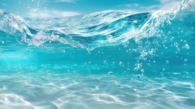 Clear blue ocean showing a wave breaking the surface, with numerous air bubbles descending seabed sandy towards