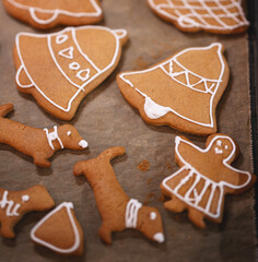 Gingerbread Christmas Cookies with Icing on Baking Tray