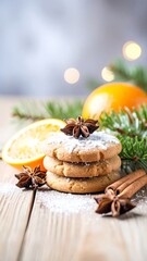 Fototapeta premium christmas decoration on wooden background with spices, orange, biscuit