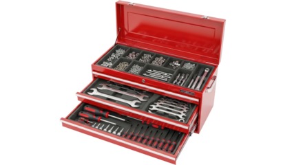 A red toolbox with multiple drawers containing a variety of tools and hardware.