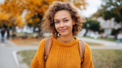 A woman wearing a yellow sweater and a backpack is smiling