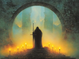 Mysterious cloaked figure holding ornate sword on steps with kneeling silhouette and candles in dark fantasy style