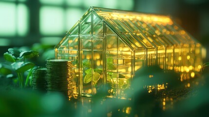 Glass greenhouse with seedlings, coins, and ambient light. Use Stock photo for sustainable living, gardening, investment in agriculture, or similar themes