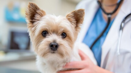 A small dog is being held by a veterinarian at a clinic. The dog appears calm and healthy while the vet examines it with care. The setting is clean and professional.