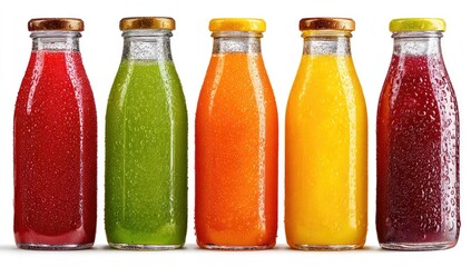 Five glass bottles of colorful fruit juices