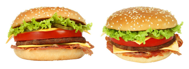 Tasty set of grilled bacon burgers with cheese, lettuce, tomato, isolated on transparent background