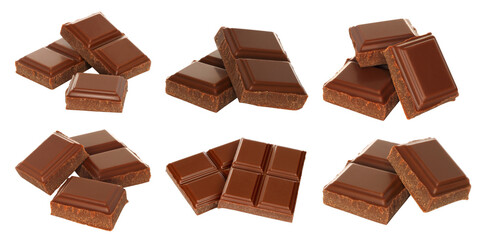 Set of sweet chocolate cubes isolated on transparent background