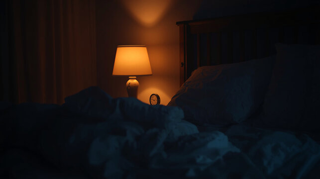 Cinematic photo of dimly lit bedroom with warm bedside lamp casting soft glow, neatly folded blanket and clock showing late night hour, peaceful atmosphere, subtle shadow contrast,