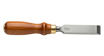 A wooden handle chisel with a metallic blade on a white background.
