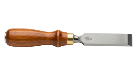 A wooden handle chisel with a metallic blade on a white background.