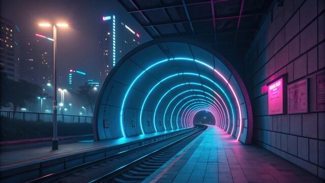 Futuristic Glowing Tunnel in Metro Station with Neon Lights Effects - Powered by Adobe