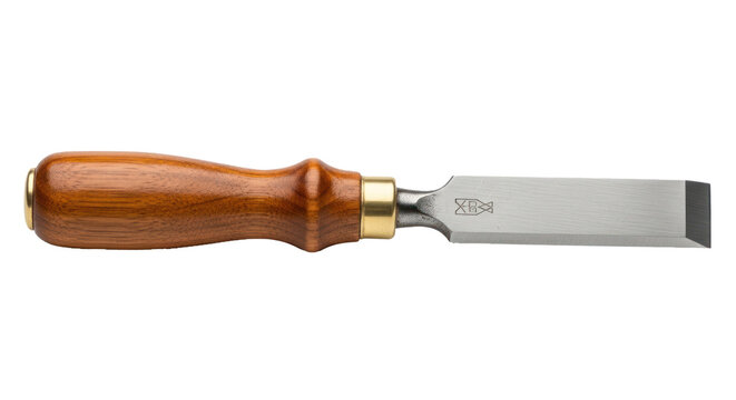 A wooden handle chisel with a metallic blade on a white background.