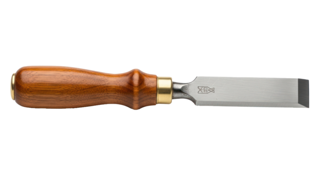 A wooden handle chisel with a metallic blade on a white background.