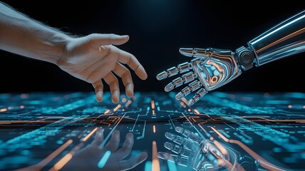 human hand reaching robotic hand over digital circuit board symbolizing connection between technology and humanity
