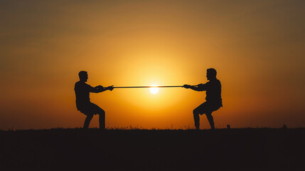 Fototapeta premium Silhouette of two people pulling rope together under sunrise light, teamwork and determination concept, strong