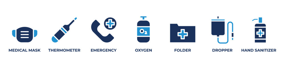 Essentials for Care Icons set vector illustration with  MEDICAL MASK, THERMOMETER, EMERGENCY, OXYGEN, FOLDER, DROPPER, HAND SANITIZER