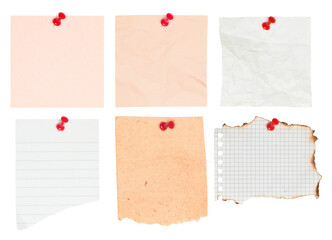 Set of various note paper sheets attached with office push pins