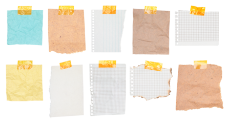 Set of various notebook note sheets attached with adhesive tape. Stationery elements isolated on transparent background