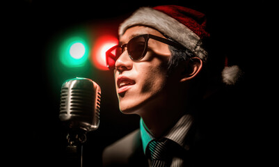 Korean k-pop singer wearing sunglasses and santa claus hat for Christmas, singing to vintage microphone