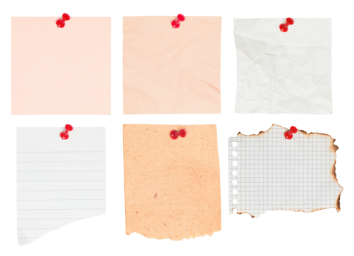 Set of various note paper sheets attached with office push pins