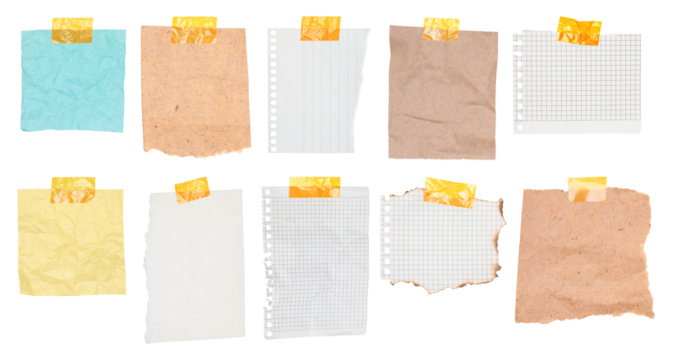 Set of various notebook note sheets attached with adhesive tape. Stationery elements isolated on transparent background