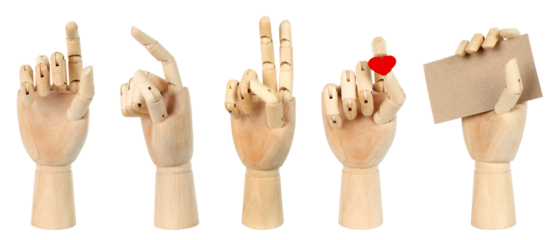 Set of wooden hand gestures, isolated on transparent background