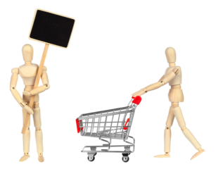 Set of mini compositions with wooden mannequin shopping, isolated on transparent background