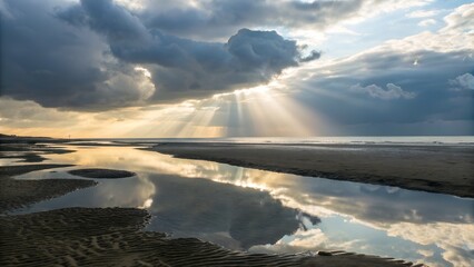 Sunbeams breaking through clouds reflected across shallow tidal pools, textures of sand visible beneath mirrored sky, ethereal seascape