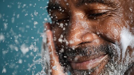 A dark-skinned man in his 40s is washing his face with foam, showing the clean, fine lather.