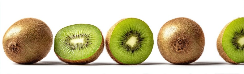 Obraz premium Fresh kiwi fruit, whole and sliced, arranged in a horizontal line against a white background